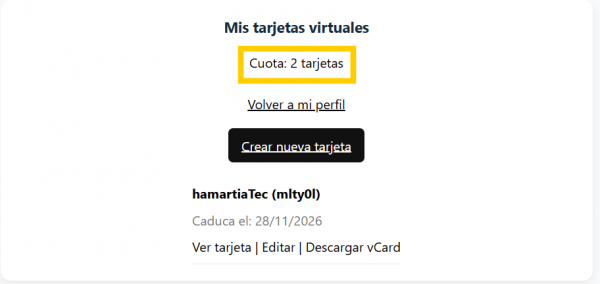 Espacio para tarjeta virtual adicional